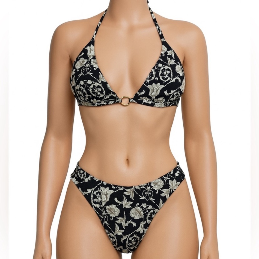 Cia Maritima Black Floral Halter Cheeky Bikini Set NIP